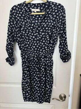 LOFT Navy and White Printed Long-Sleeve Shirt Dress